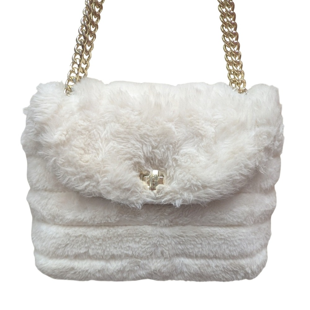 Rachel Roy Winter White Faux Fur Crossbody Bag Gold Chain Strap Twist Lock Med